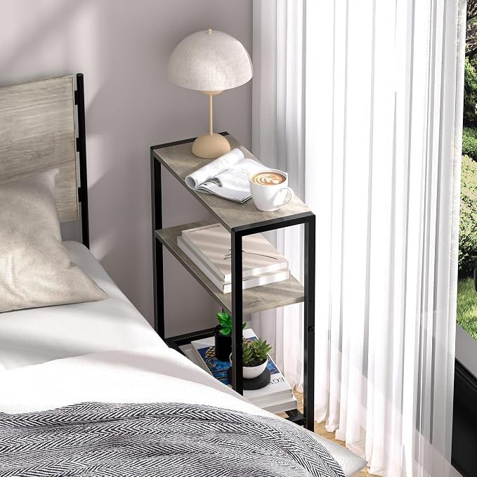 Narrow Side Table Set of 2 for Small Space, 2-Tier Small End Table with Shelf Holder, Slim Nightstand, Skinny Snack Couch Table in Living Room, Bedroom, Study, Kitchen and Balcony (Greige)