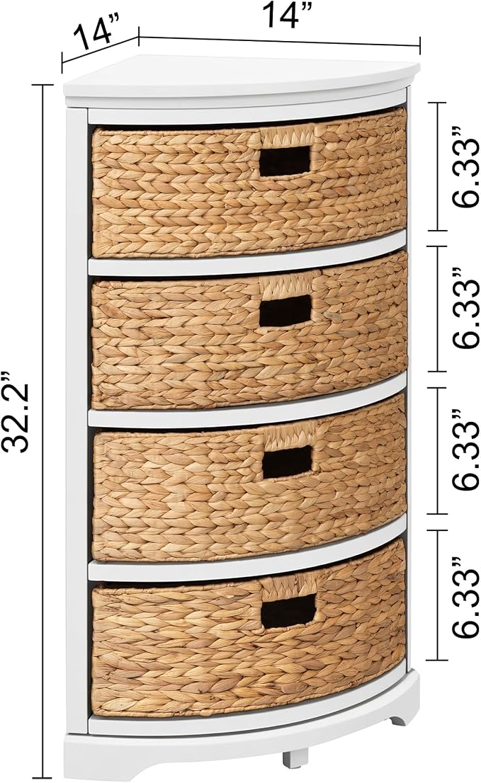 eHemco Hampton Meadows 4 Tier X-Side Corner Table Storage Cabinet with 4 Wicker Baskets, White