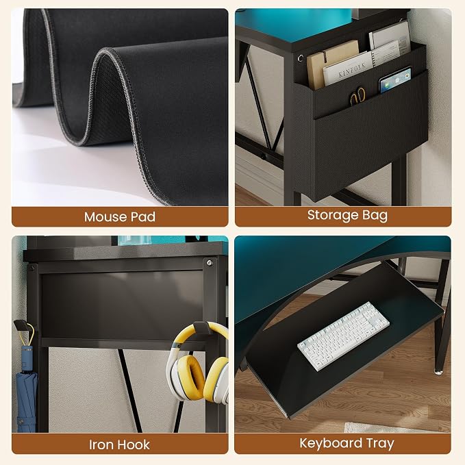 SEDETA Corner Desk, 39" W x 62" H Small Office Desk with Hutch & LED Lights, Triangle Gaming Computer Desk with Keyboard Tray, Storage Bag, and Headphone Hook for Small Space, Black