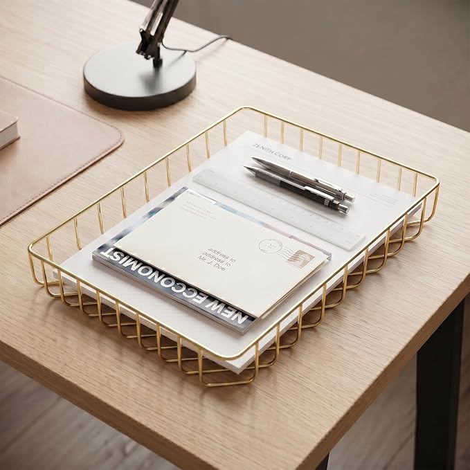Elegant Gold Wire Desk Tray Organizer - Multipurpose A4 Letter Size File Tray, Premium Metal Mesh Document & Magazine Holder, Storage Basket for Office, Vanity, & Bathroom, Gold, 2 Pack