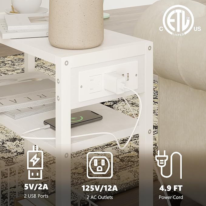 TRIFEBLE Narrow Side Table with Charging Station, Small End Table for Small Spaces, Slim Nightstand with Storage Basket, 3 Tier Skinny Bedside Table for Living Room, Bedroom, White