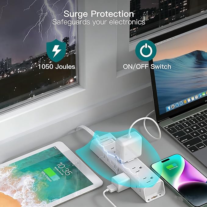 Addtam Flat Plug Extension Cord 15FT, Power Strip Surge Protector with 12 Outlets 3-Side Wide Spaced Outlet Extender, Wall Mount Desk Charging Station for Home Office Garage Dorm Room, White