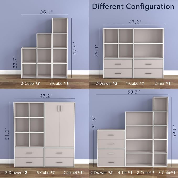 Homes: Inside + Out Apexa 3-Tier Stackable Wood Bookcase with Doors, Cube Storage Organizer Shelves, Small Food Pantry Cabinet, Dorm Teen Room Decor & Bedroom, Home Office, Kitchen, Taupe Grey