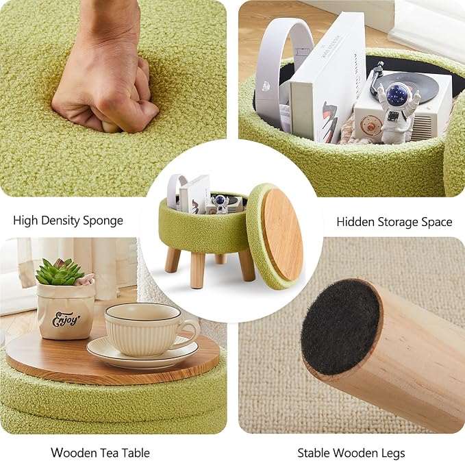 Wimarsbon Storage Ottoman, Modern Round Footrest with Soft Padded Seat, Teddy Velvet Footstool with Wood Legs, Accent Small Table or Plant Stand for Hallway, Living Room (Brilliant Green)