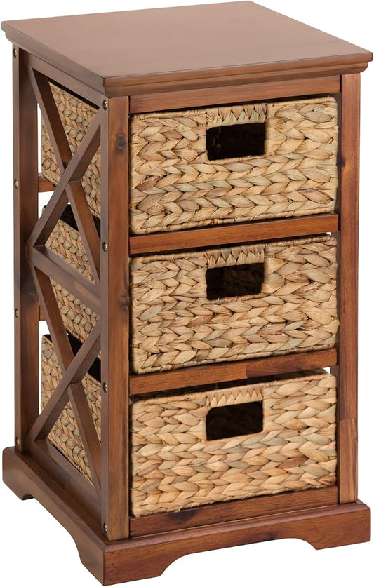 eHemco Hampton Meadows 3 Tier X-Side End Storage Cabinet with 3 Wicker Baskets, Walnut