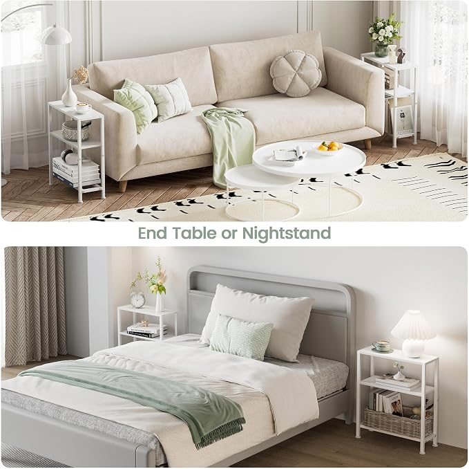 Narrow Side Table Set of 2 for Small Space, 2-Tier Small End Table with Shelf Holder, Slim Nightstand, Skinny Snack Couch Table in Living Room, Bedroom, Study, Kitchen and Balcony (White)