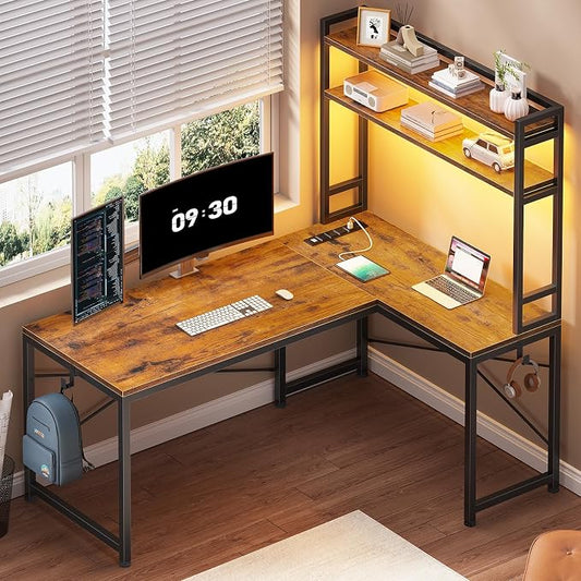 SEDETA L Shaped Desk with Hutch, 45.3” Reversible Home Office Desk, L Shaped Gaming Desk with LED Lights, Power Outlet, Storage Shelves and Hooks for Small Space, Rustic Brown