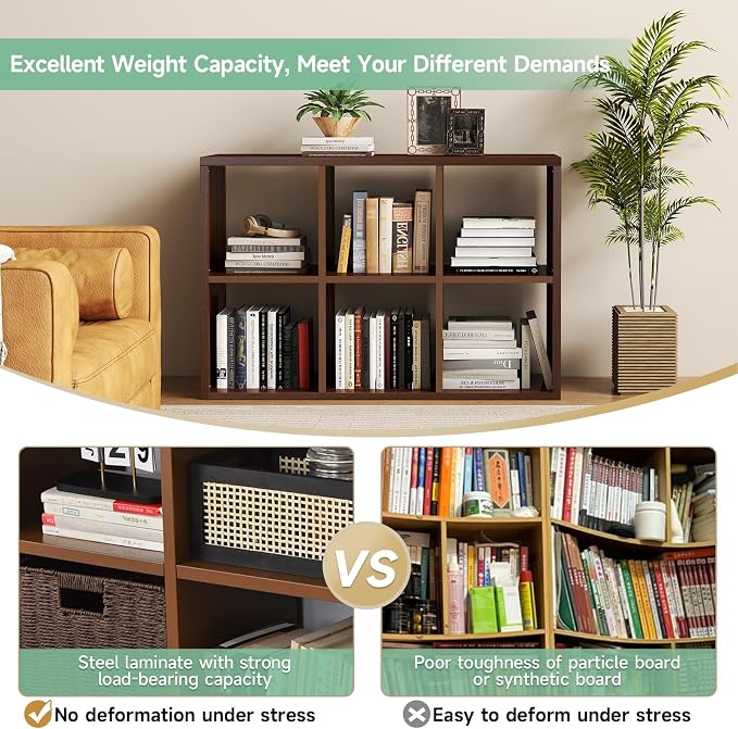 IRONMIX Metal 6 Cube Storage Organizer with Shelves, Modern Short Bookshelf with Storage, 2 Tier Horizontal Bookshelf Cube Shelf, Small TV Stand with Cabinet for Home Office Library(Dark Wooden, 1037)