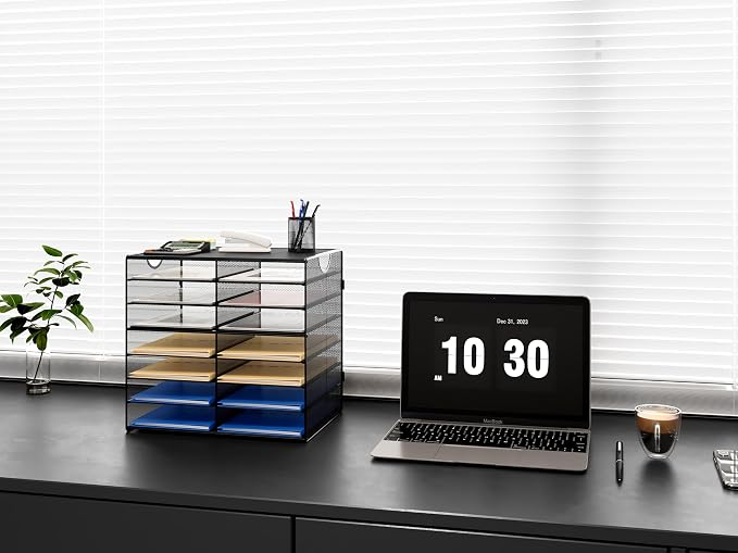 EasyPAG Paper Trays for Classroom 14 Tier Mesh Desk Organizer Shelves with Handle A4/Letter Size File Folder Organizer Shelf for Office, School, Home, Black
