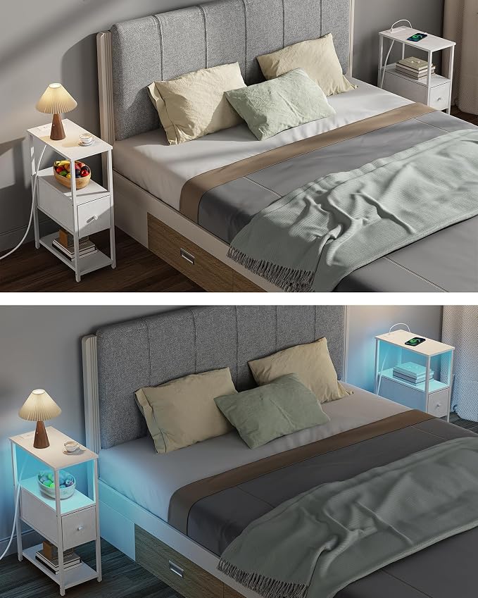 TUTOTAK Small Narrow LED End Table with Charging Station, Side Table Outlets, Nightstand with Cloth Drawer, Set of 2, Couch Table, for Living Room, Bedroom, Bedside, White TB01BW059