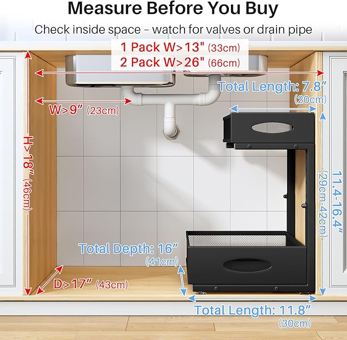 Under Sink Organizer, 2 Tier Pull Out Under Cabinet Organizer Shelf with Pad for Framed Cabinets, Metal Slide Out Under Sink Storage, Mesh Sliding Drawers for Kitchen Bathroom Laundry(Black, 1 Pack)