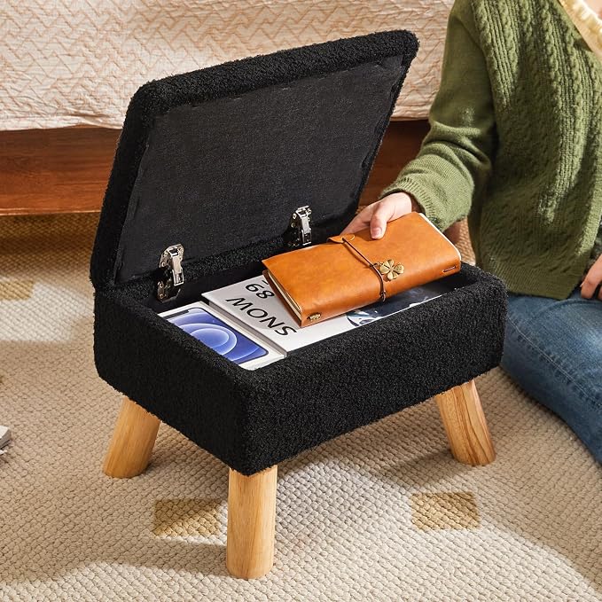 YMYNY Storage Ottoman,Small Foot Stool, 15.75"×11.81"×11.02" Black,HBD042B | Teddy Velvet,Sturdy Wood Legs, Foot Rest With Padded Seat, For Living Room Bedroom Couch Entryway