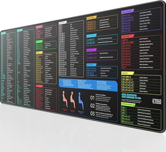 KTRIO Excel Shortcuts Mousepad, Desk Mat, 31.5 x 11.8 in, XL | Smooth Micro-Weave Surface, Shortcut Reference, Non-Slip Rubber Base, Durable Stitched Edges, Office & Home Use