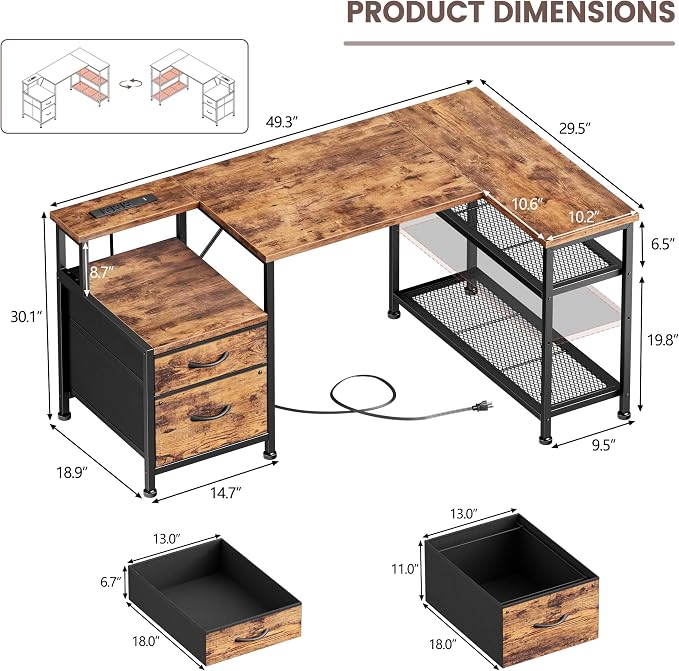 Furologee 49" L Shaped Computer Desk with Power Outlets, Reversible Home Office Desk with Fabric Drawers, File Cabinet, Printer Table, Metal Storage Shelves, Corner Desk for Small Space, Rusitc Brown