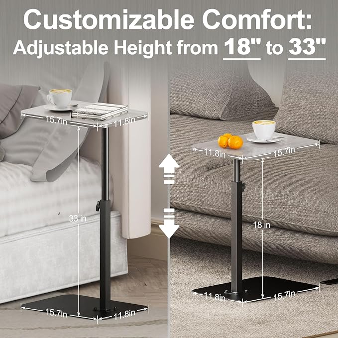 HzTinT Side Table Sofa Tray for Couch Heavy Metal Base Swivel/Adjustable Height, Sofa Bed Bathroom Study TV Tray C Shaped End Table Food Snack Trays for Eating