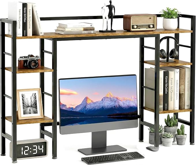 ZIFTY 39.4" Desktop Bookshelf Countertop Storage Hutch with 8 Shelves for Monitor up to 24", Large Desk Bookcase Organizer Display Shelf Rack for Computer Desk, Home Office Dorm Home Anti-tip Device