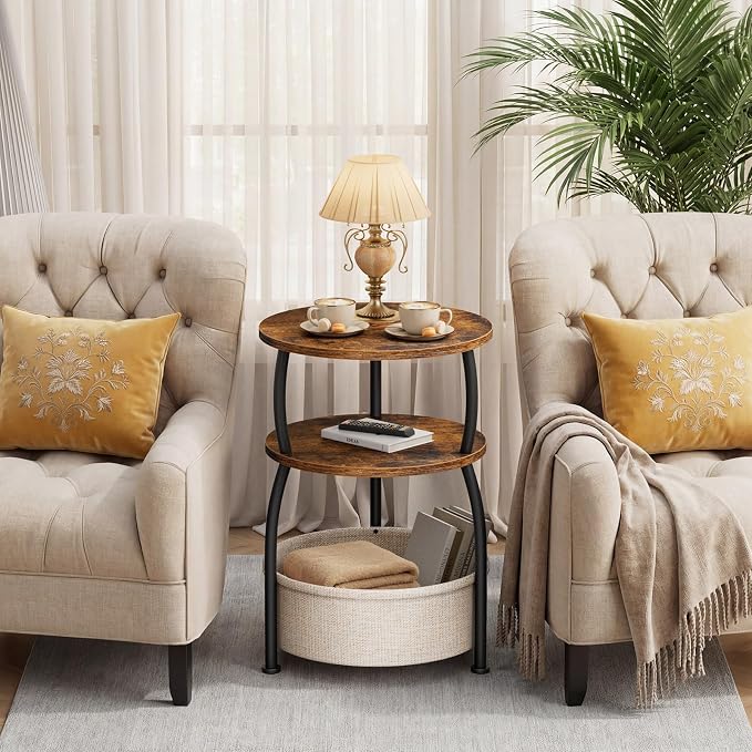 Round Side Table with Storage Basket, 15.75in Small Space Saving End Table 3-Tier Bedside Corner Table for Living Room, Bedroom, Garden, Sofa Side Table