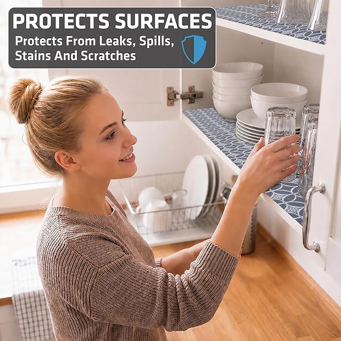 Drymate Premium Luxury Shelf & Drawer Liner, Thick Cushioned Fabric, Non-Adhesive, Absorbent, Waterproof, Slip-Resistant, Liners for Kitchen Cabinets, Cupboards (USA Made)(12”x59”)(2-Pack)(IndigoGrey)