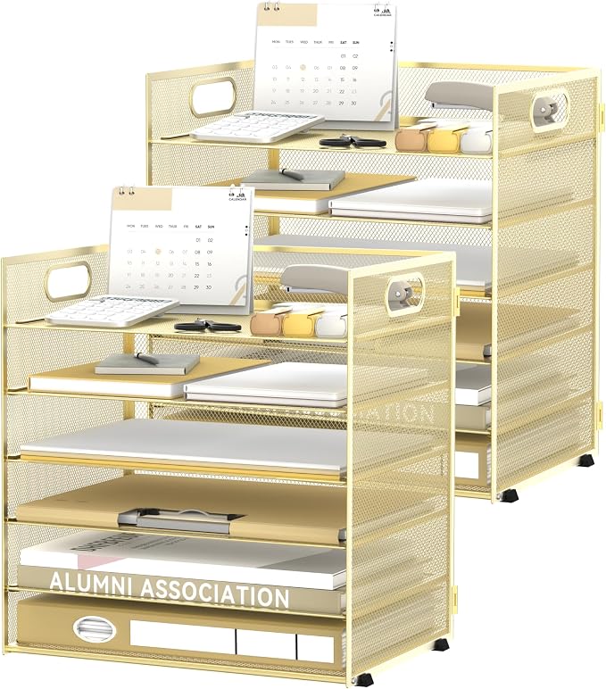 Daltack 6 Tier Paper Organizer for Desk, Paper Letter Tray Organizer for Desks, Mesh Desk File Organizers with Handle for Office, Home, School, Gold, 2 Pack