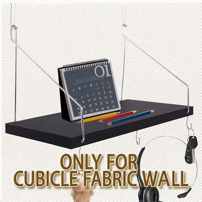 2-Pack Cubicle Shelf For Fabric Walls With Hooks：12x6.0in Black Wooden Cubicle Shelf Hanging Organizer Silver shelves Accessories Office Stylish Ations cubical Decorations For Women Desk work storage