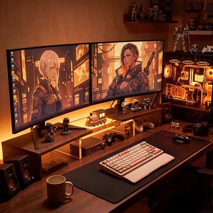 High-Clarity Dual Monitor Riser, Desk Organizer for Computer Monitor, Acrylic Monitor Riser with Keyboard Storage, Adjustable Angle & Length Computer Monitor Stand Walnut Look