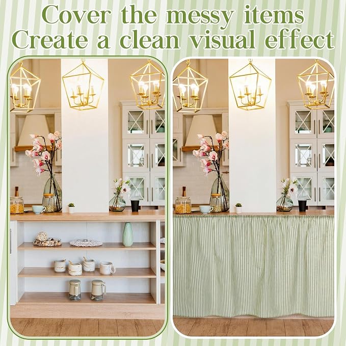 VitalCozy Cabinet Curtain 28" W x 51" L Sage Green Sink Skirt for Bathroom Kitchen Spring Green Strips Short Curtain for Home Classroom Drape Under Desk Privacy Drape for Laundry Room