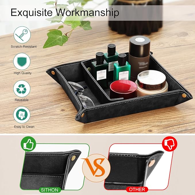 SITHON Valet Tray Desktop Storage Organizer, Removable 2 Compartments Catchall Tray Bedside Vanity Nightstand Caddy Holder Desk Storage Plate, Graduation, Black