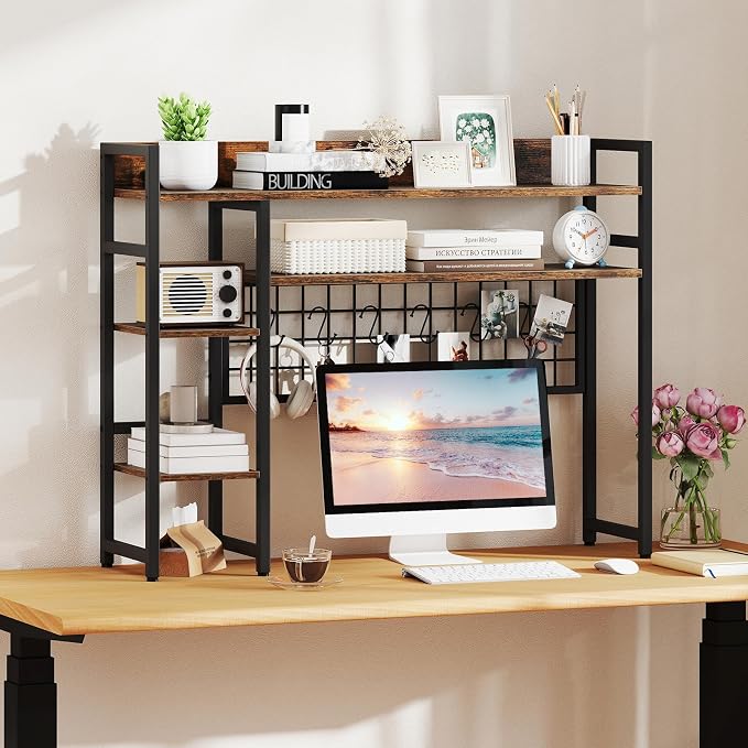 Tangkula Desktop Bookshelf for Computer Monitor Up to 32”, 37" x 29" Countertop Storage Hutch with 4 Open Storage Shelves, Grid Panel, Anti-tip Device, 4-Tier Desktop Display Shelves for Home Office