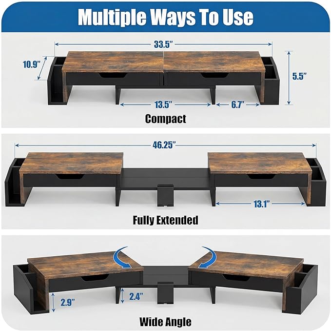 Simple Houseware Desk Dual Monitor Stand Riser with Pull-Out Drawers, Rustic Brown