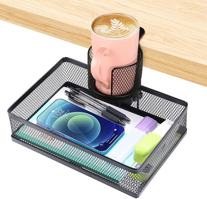 ROSYLINE 360°rotation under desk drawer, Drawer Under Desk Storage Organizer, Rotary Desk Storage Organizer with Cup Holder, Clamp Drawer Basket, sturdy and durable (black)