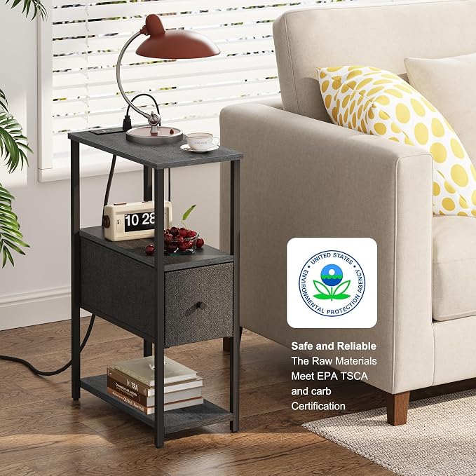 TUTOTAK Small Narrow End Table with Charging Station, Set of 2, Side Table with Outlets, Nightstand with Cloth Drawer, Couch Table, for Living Room, Bedroom, Bedside, Charcoal Grey TB01BY058
