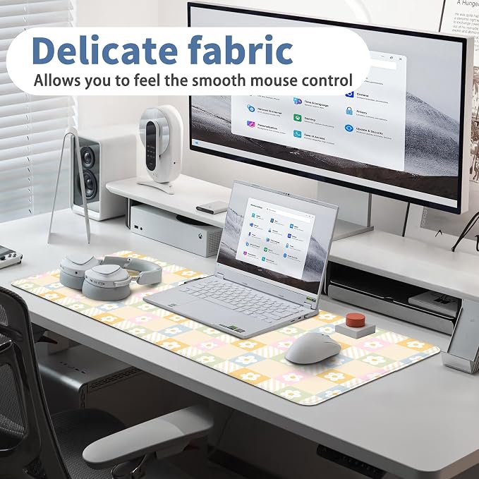 Cute Checkered Mouse Pad Large Desk Mat Extended Keyboard XL Mouse Pad Kawaii Mousepad with Non-Slip Base and Stitched Edge Daisy Mouse Mat Desk Pad 31.5 x 11.8 in Mouse Pads for Desk Home Office