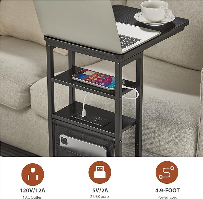 C Shaped End Table with Charging Station, 28"(H) 3-Tier C Table with Storage Bag, Under Couch Table C-Shaped End Table with Storage Shelves and Bag for Living Room, Bedroom, or Office