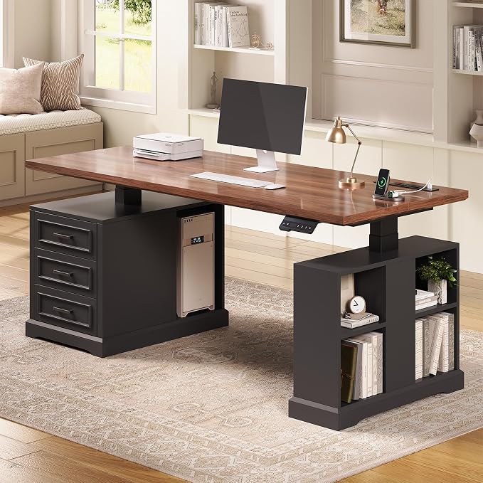 SEDETA Farmhouse Electric Standing Desk, 63" Height Adjustable Computer Desk with 3 Drawers, Storage Shelves, Power Outlets, Wood Home Office Stand up Desk for Work, Study, Writing, Black