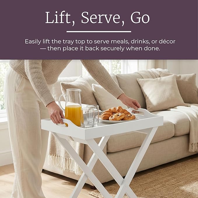 Lavish Home Folding TV Tray Table - Contemporary Side Table with Removable Tray Top for Food Serving, Meals, or Decor in Living Room, Bedroom, or Home Office (White)