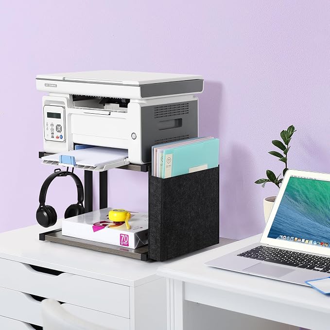 BTY Printer Stand Under Desk Printer Table with Storage Small Printer Cart with Wheels 2 Tier Desktop Printer Stands for Home Office Fax Machine Scanner Files (Grey)