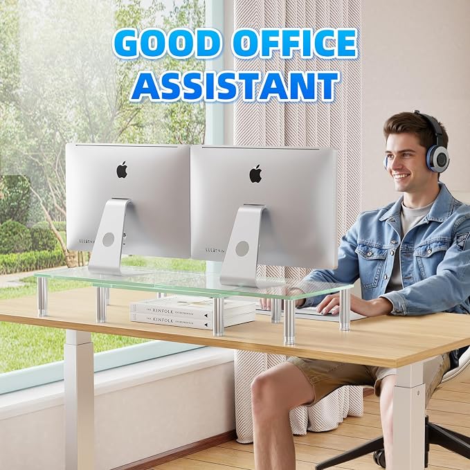 Simple Trending Dual Monitor Stand Riser, Computer Office Desktop Organizer for 2 Monitors with Tempered Glass, Adjustable Length and Angle Stand for Laptop,Printer,TV