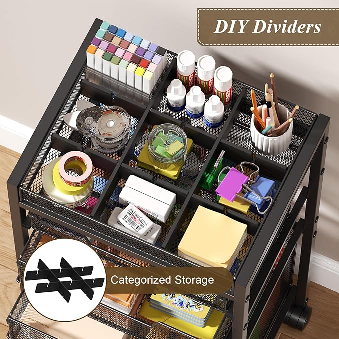 Rolling File Cart with 4 Storage Drawers, Under Desk Organizer with DIY Divider, Moblie Filing Cabinet on Wheels, Fits A4/Letter Size, Metal Utility Cart for Home Office, Black