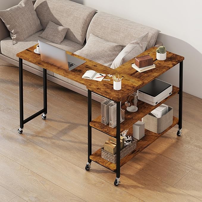 Tangkula Large 360° Free Rotating Sofa Side Table, Patented Mobile Couch Desk with 2-Tier Storage Shelves, Movable Laptop Desk with Sturdy Metal Frame, Extendable Couch Snack Table for Home Office