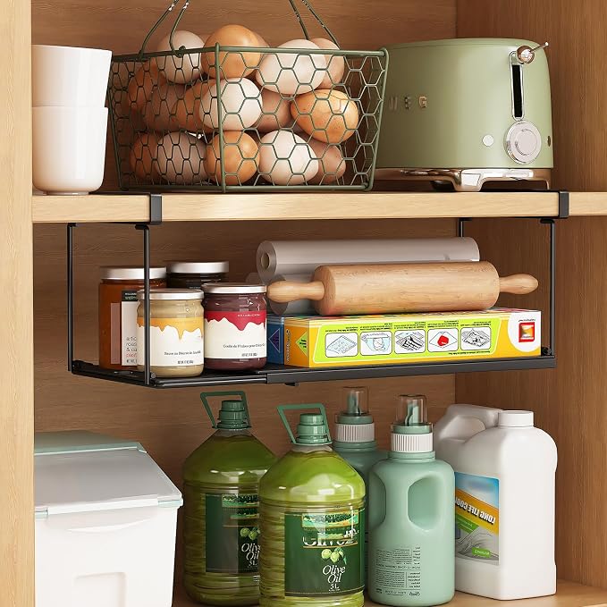 1 Pack Expandable Under Cabinet Shelf, Under Shelf Basket with 0.94 Inches Thick Clips for Kitchen Cupboard, Metal Hanging Under Desk Basket for Laundry Room, Cabinet, Shoe Rack
