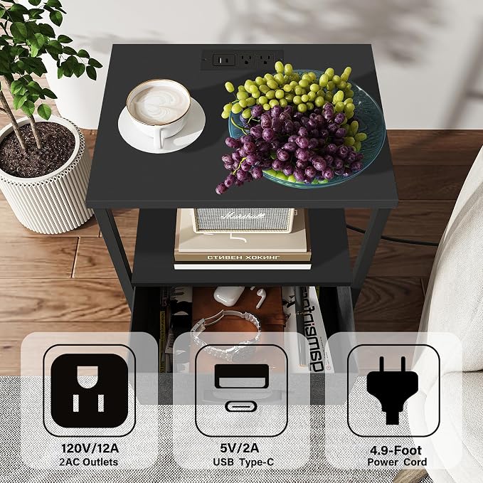 TUTOTAK LED Nightstand Set of 2, Night Stand with Charging Station, End Table, Bedside Table with Fabric Drawer, Side Table for Livingroom and Bedroom, Black TB01BK0692L