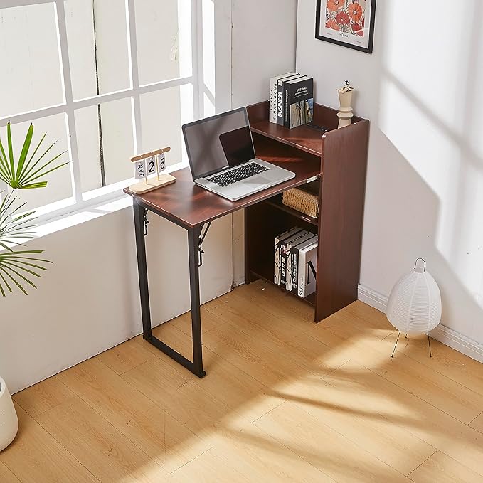 Foldable Desk,Hidden Desk with Storage and Built-in Socket,Mid Century Fold Out Table for Small Spaces,Home Office and Bedroom (Brown)
