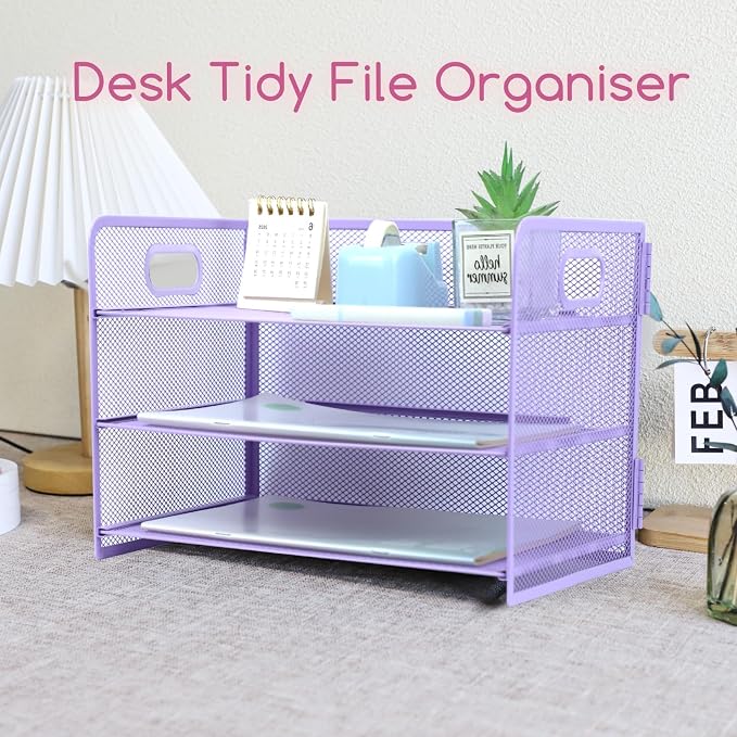 3 Tier Lettrer Tray Organizer with Handle, Metal Mesh Desk File Organizer with Sliding Trays, Paper Sorter Desk for Home Office School, Purple