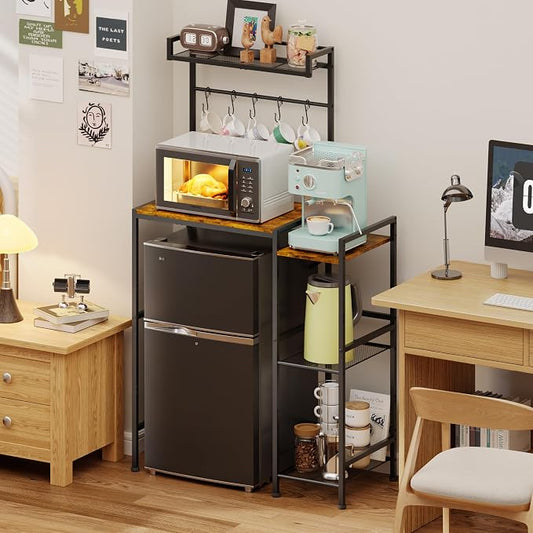 Mini Fridge Stand with Storage Shelves, Kitchen Bakers Rack, Coffee Bar, Microwave Oven Stand, Wine Cabinet, Refrigerator Stand with 5 Lockable S Hooks for Dorm, Apartment, Living Room, Office