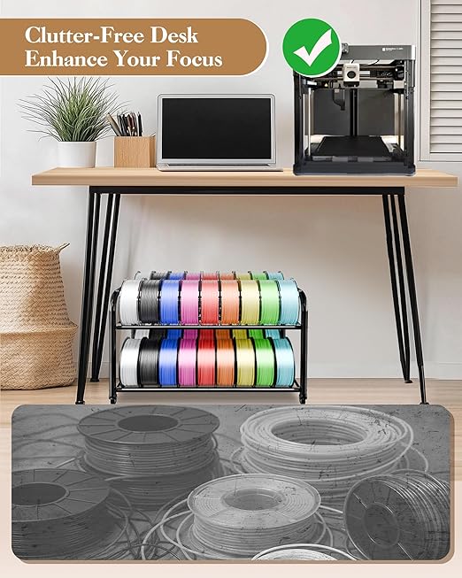 2-Tier Under Desk Filament Storage Rack, 3D Filament Storage Rolling Cart Holds 40+ 3D Printer Filament, Adjustable Filaments Rack for 250g-1KG Spools, Perfect for 3D Printing Studio, Office Workshop