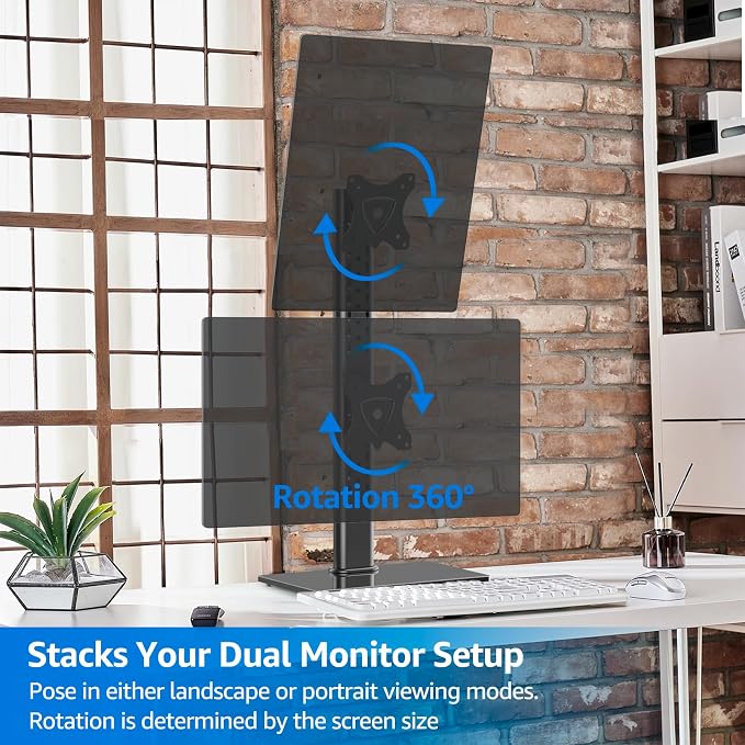 MOUNTUP Vertical Dual Monitor Stand, Stack Two Screens up to 32 inches,33 Lbs, Free-Standing Monitor Desk Mount, Monitor Riser with Swivel, Tilt, Height Adjustable, VESA Stand 100 x 100mm, 75 x 75mm