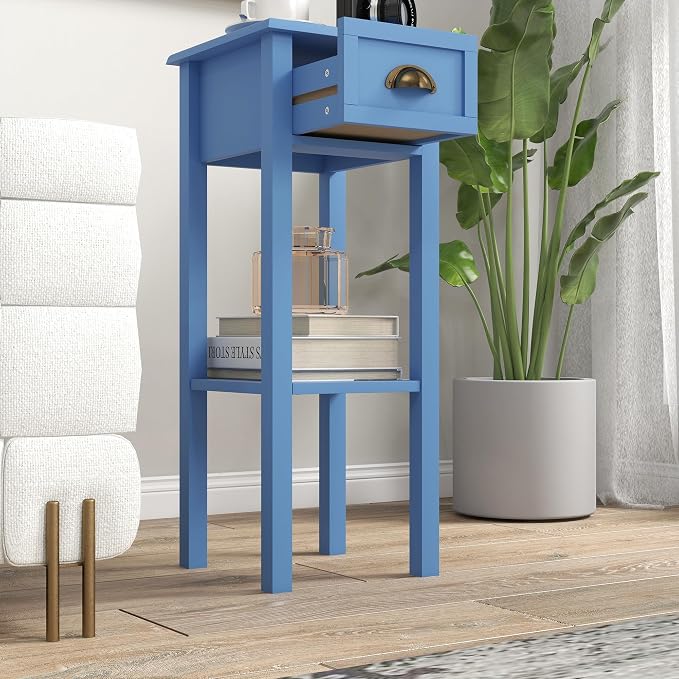 HOMCOM Narrow End Table with Drawer and Bottom Shelf, Slim Side Table for Small Spaces, Skinny Modern Accent Desk for Living Room, Set of 1, Light Blue