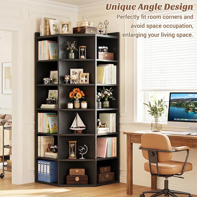 Aheaplus 7-Tier Wooden Corner Cube Bookshelf, Corner Storage Cabinet with 18 Cubes, Corner Cube Organizer Display Shelf with Top Table, Modern L Shaped Cubby Bookcase for Home Office, Black