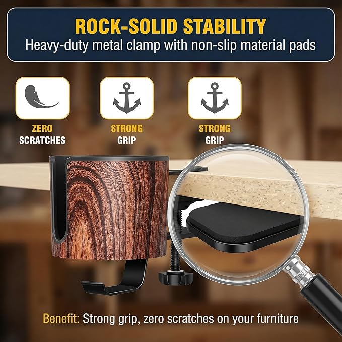 Luxury 2-in-1 Desk Cup Holder with Headphone Hanger for Office, Home, Gaming(Wooden Design)