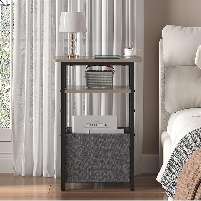 sthmec Narrow Side Table, Skinny End Tables with Fabric Basket, Small Side Tables for Small Space, 2-Tier Open Shelves with Basket, Slim Nightstands for Bedroom,Living Room,Office, Grey